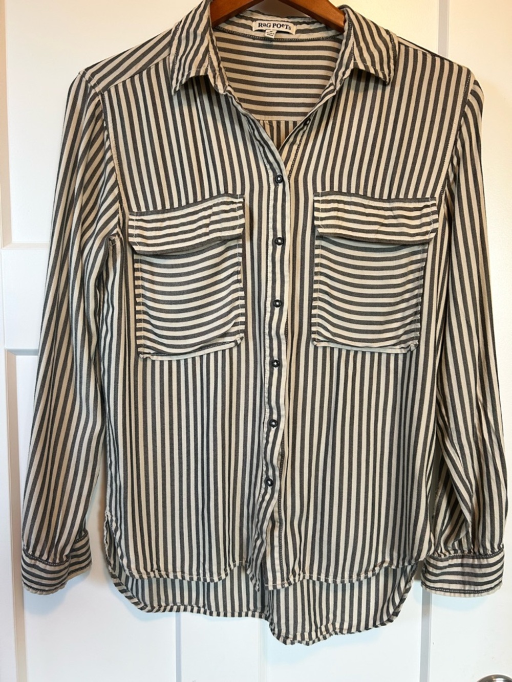 Rag Poets Striped Button Down Shirt Black White Roll Tab Sleeve Size S